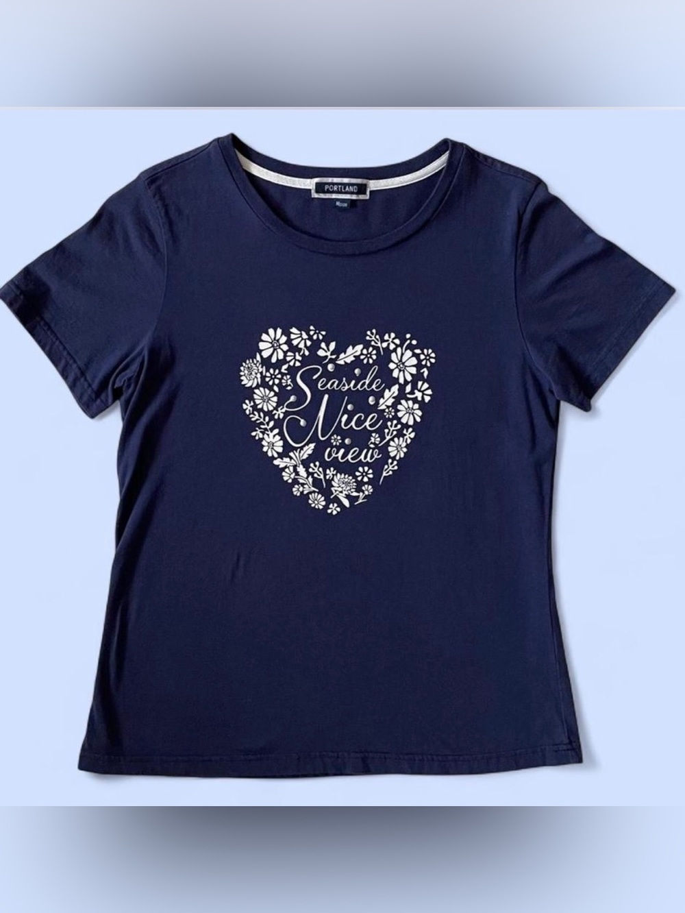 Portland Navy Blue Cotton Kawaii Floral Heart Graphic Tee M Seaside Nice View